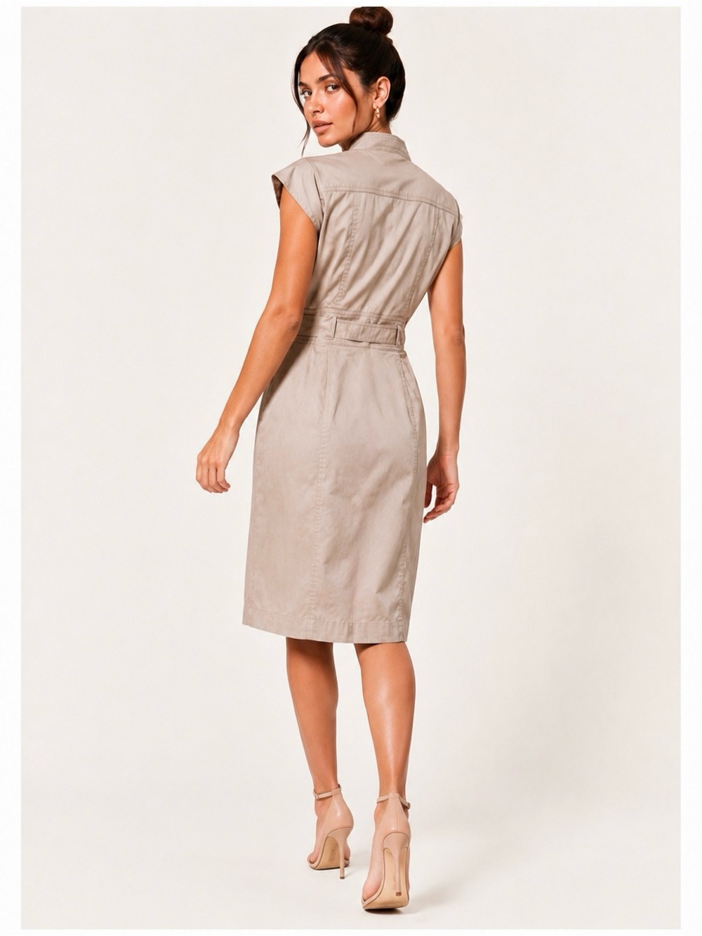 Calvin Klein Safari Sheath Midi Beige Belted Button Front Mock Neck Dress 12 - Picture 2 of 15